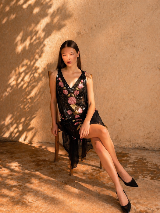 Greta, reworked 20s beaded short asymmetric dress