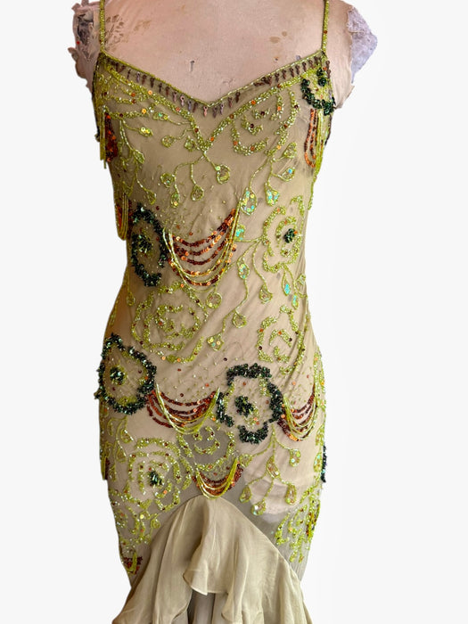 Flora, vintage bias cut beaded dress with ombré frill design