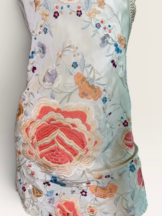 Diana, reworked short 40s silk embroidered piano shawl dress