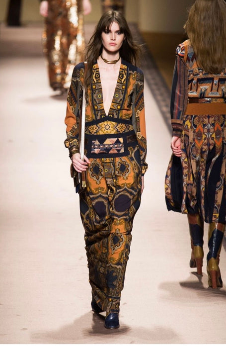Etro, Fall 2015, runway geometric print beaded long jersey dress