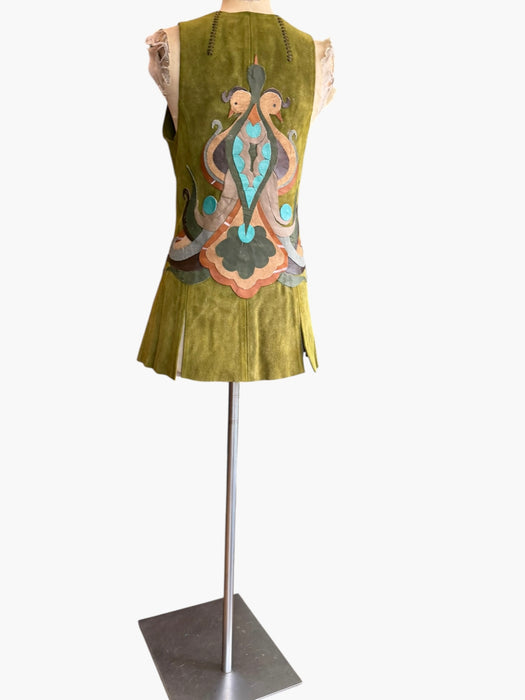 Basil, 70s olive green suede waistcoat with leather ties and handmade folk leather appliqué