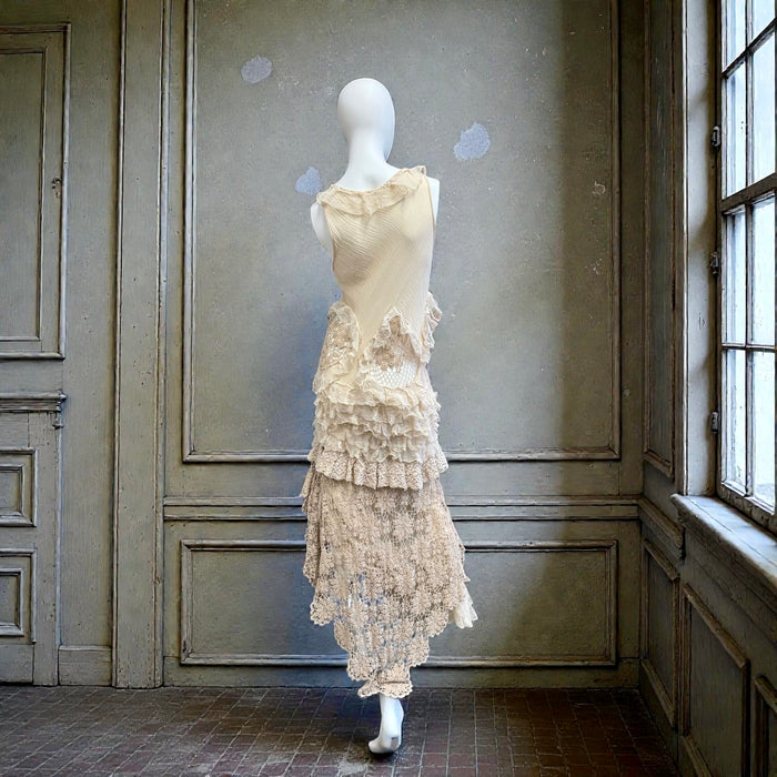 Darcy, vintage muslin and crochet tiered asymmetric dress