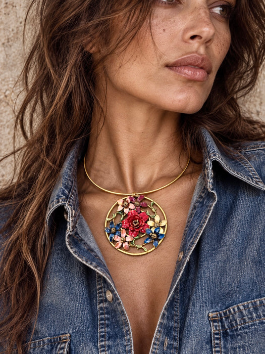Jasmir, hand painted Victorian floral circular pendant on a thin gold choker