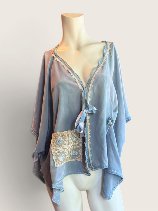 Adina, 30s, hand dyed pale blue silk and lace jacket