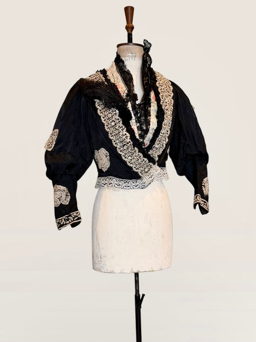 Kiki, Victorian black silk jacket with mutton sleeves, embellished with beaded lace