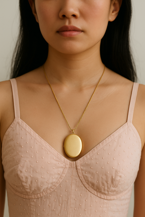 Flora, 40s gold brushed large locket pendant with 14 carat gold chain