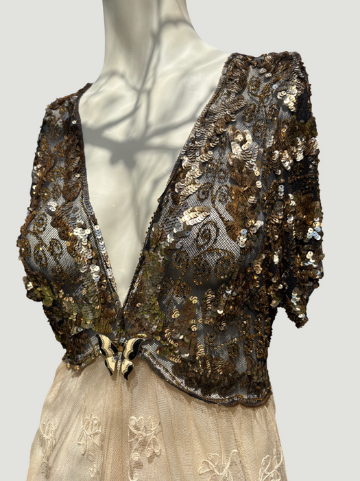 Daisy, 20s black and gold floral sequins and Victorian ecru lace dress