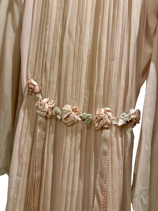 Adan, 30s blush pink silk chiffon angel sleeve pleated dress with florals and a ribbon tie