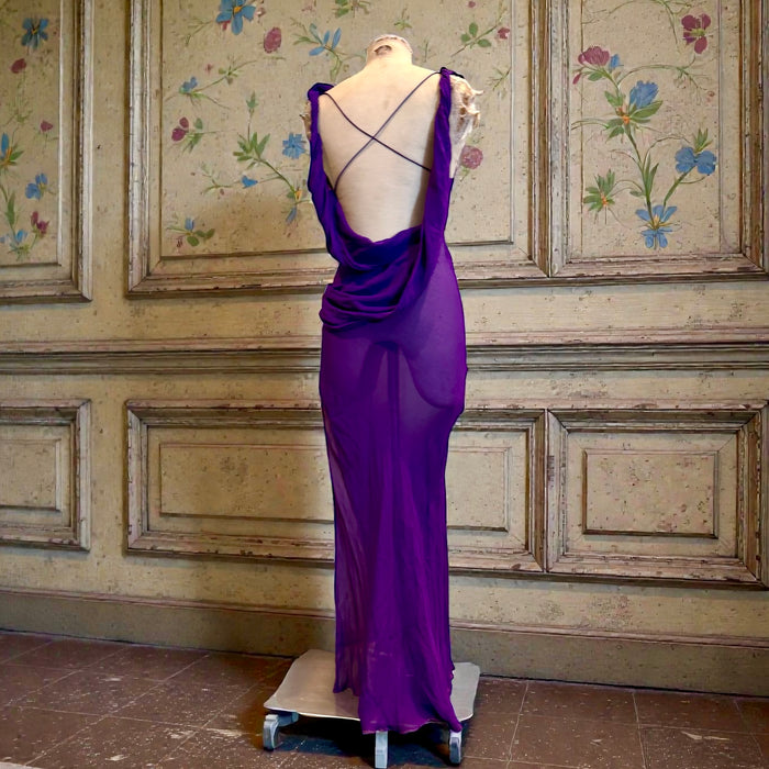 Axil, 90s purple silk chiffon bias cut dress with cowl neck