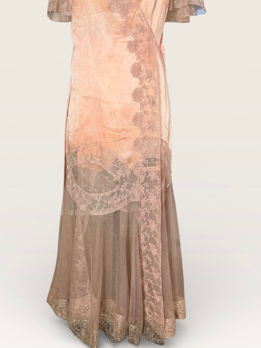 Patina, 30s peach silk and lace tulle belted wrap over dress/robe