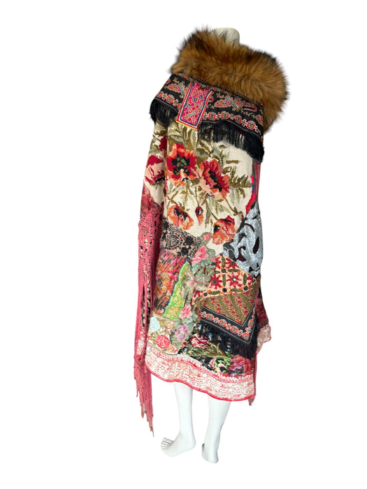 Stacey, reworked 1930, wool embroidered cape with faux fur collar