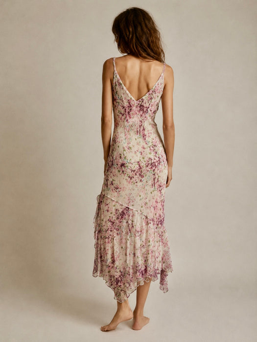 Lilly, 90s silk chiffon floral, bias cut frill dress
