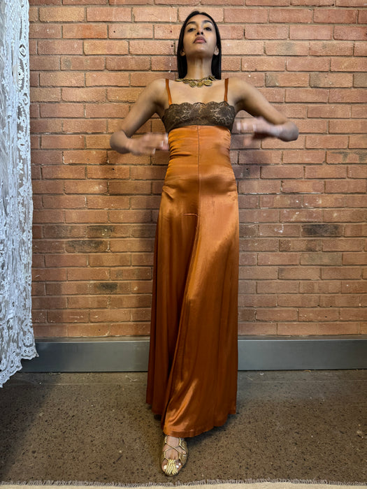 Biba, 70s silk and lace bronze dress