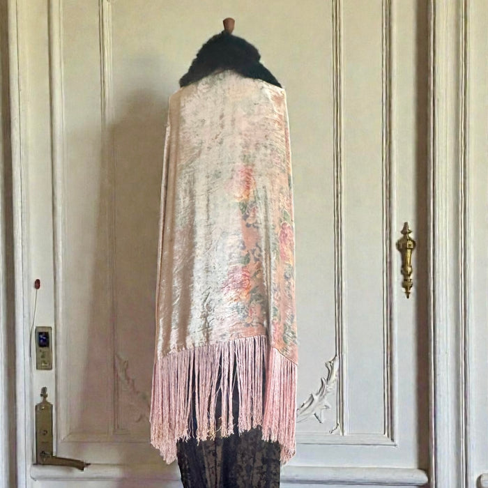 Wilma, 20s floral fringed velour cape with black feather collar and tie