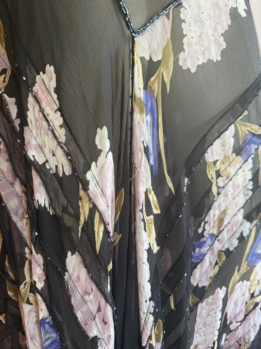 Taylor, 90s beaded bias cut floral print asymmetric dress