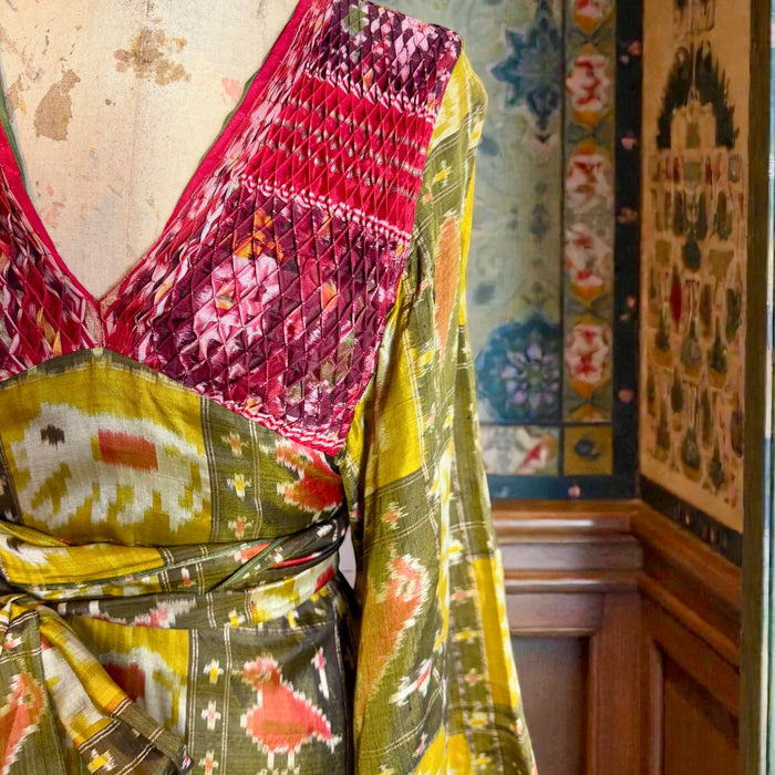 Thea Porter, Couture 70s silk print angel sleeve tiered dress