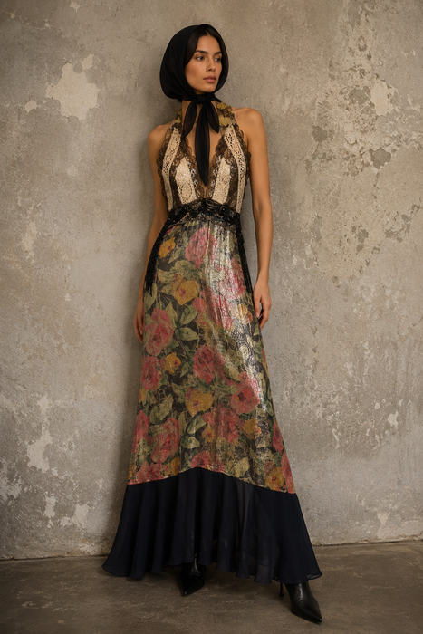 Dray, reworked 1920s floral lamé and metallic dress with glass black jet beaded fringed waistband