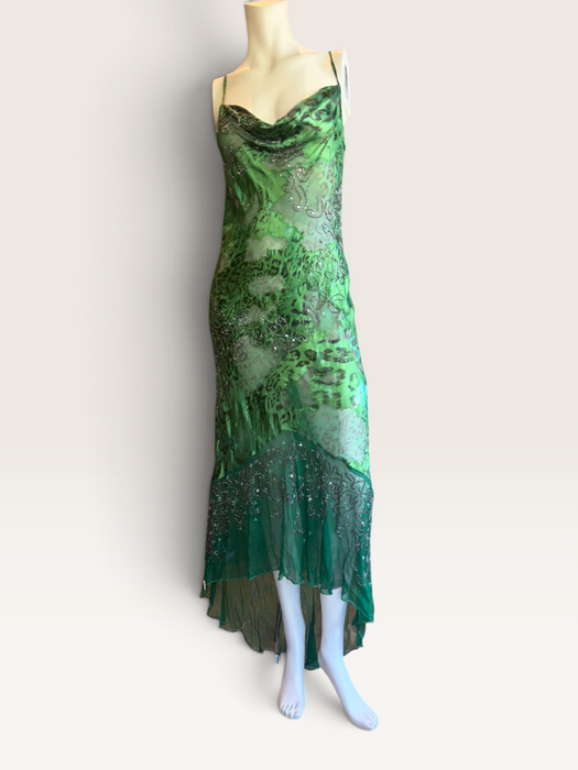 Lola, 90s beaded bias cut asymmetrical animal print dress
