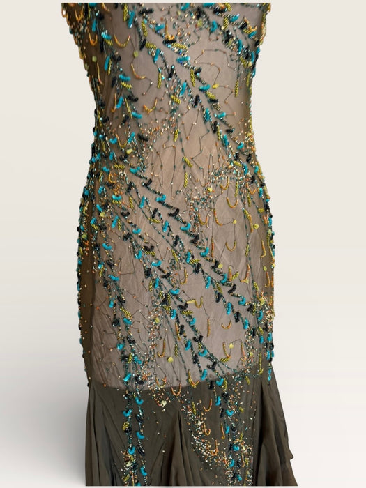 Tory, 90s beaded kaki green bias cut chiffon handkerchief dress