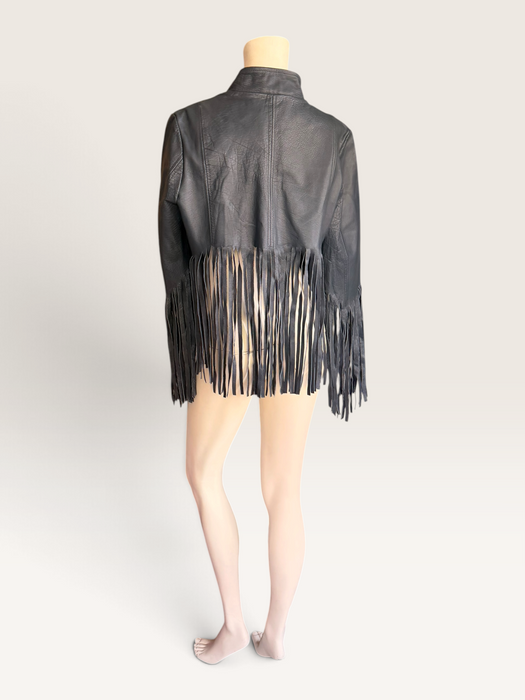 Kate Moss, for Top Shop Y2K navy leather fringed jacket