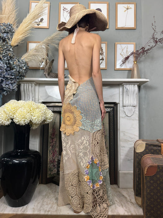 Omnia, vintage floral crochet long dress