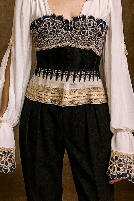 Pluto, reworked corseted lace and beaded poet blouse
