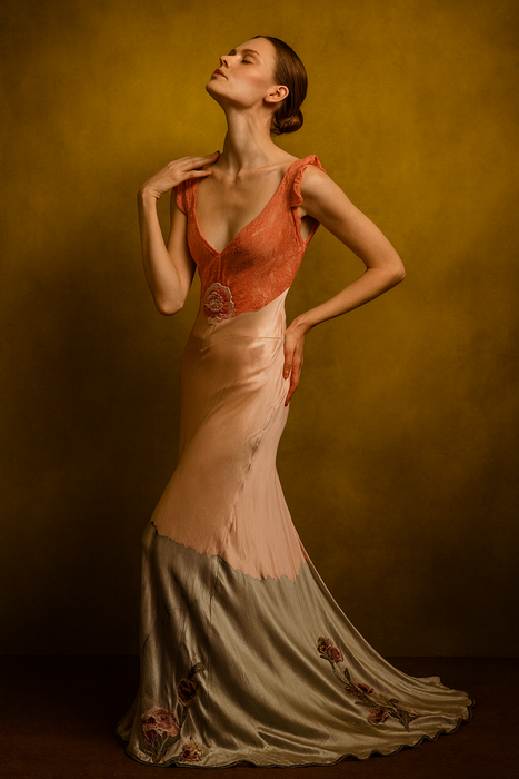 Patty, hand dyed embroidered 30s silk and lace dress