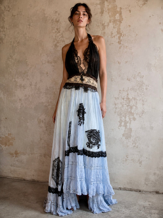 Portia, hand dyed Victorian pale blue cotton and black Chantilly lace dress