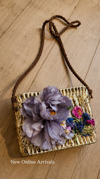 Magli, 70s Made Italy, gold straw shrouded bag with silk antique florals and gold plated butterfly