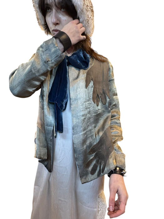 Serena, reworked 20s silver lamé and blue velvet jacket with 20s leather gloves