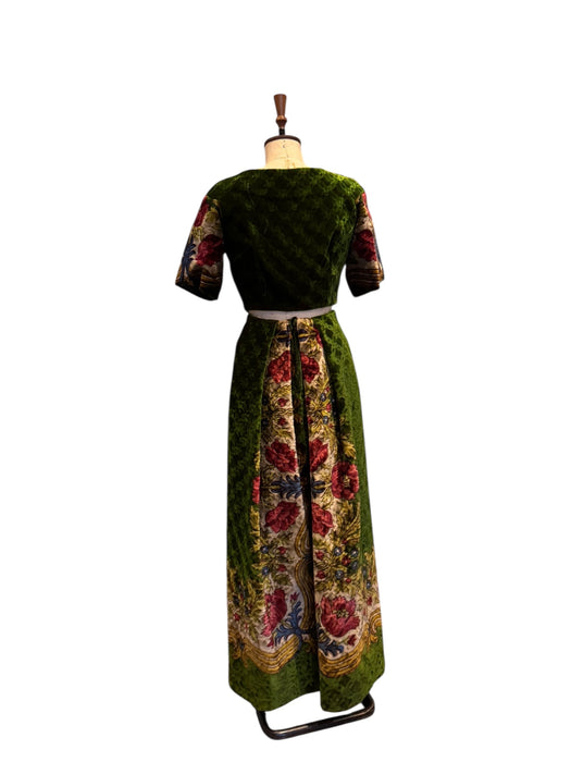 Olivia, reworked Edwardian olive green floral velour skirt and jacket