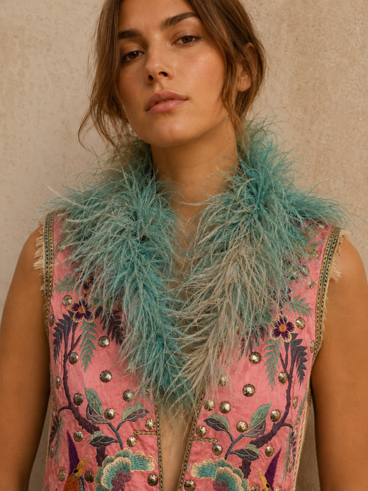 Adage, 19thC pink silk embroidered Chinese long waistcoat with feather collar
