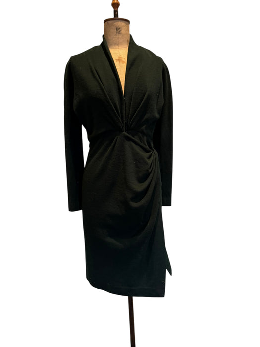 Donna Karen, Y2K bottle green wool draped wrap over dress