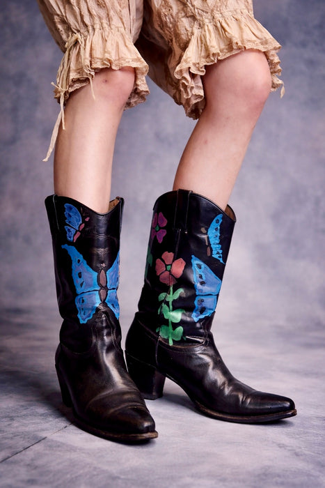 Dallas, 70s black leather hand painted cowboy boots