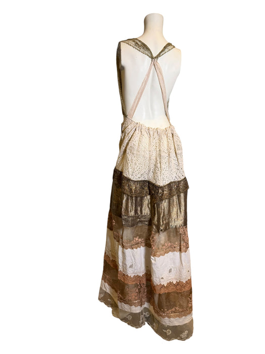Miter, reworked 1920s French gold lamé and lace dress with Edwardian embroidery