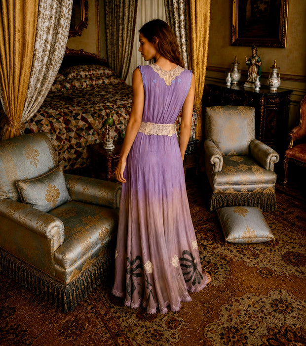 Lavender, 1930s hand dyed silk and lace dress with lace ribbon inserts