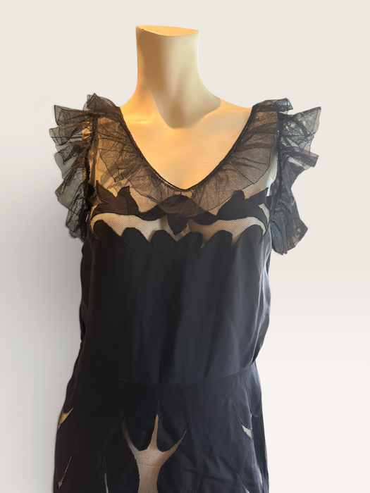 Oriel, 30s black net silk cut out frill dress