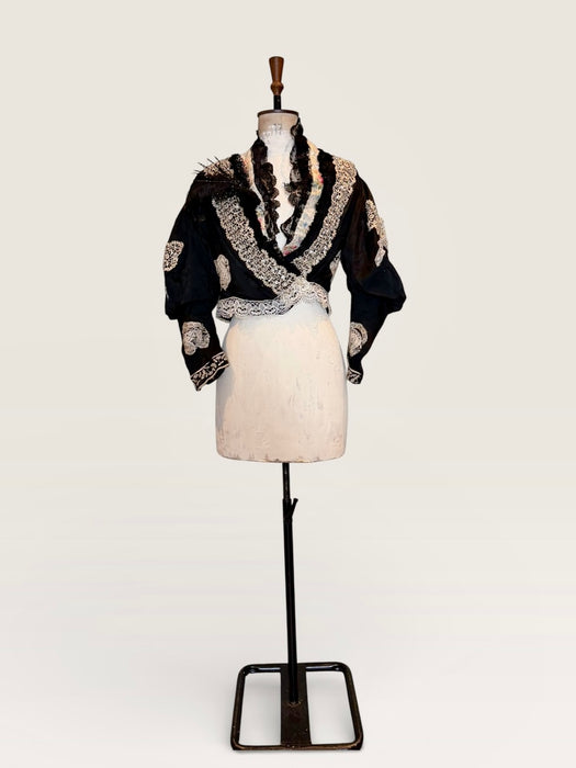 Kiki, Victorian black silk jacket with mutton sleeves, embellished with beaded lace