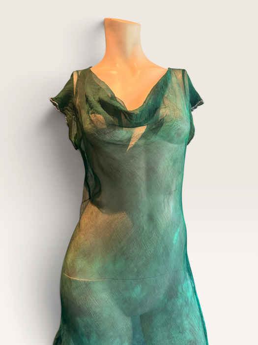 Ronda, hand dyed emerald green bias cut, asymmetric vintage chiffon beaded dress