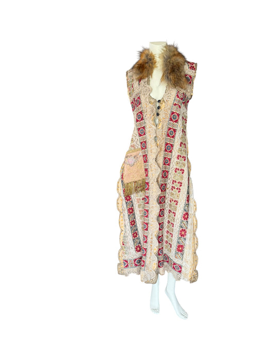Chiara, 19th C Greek hand woven embroidered waistcoat with a faux fur collar and beaded side pocket