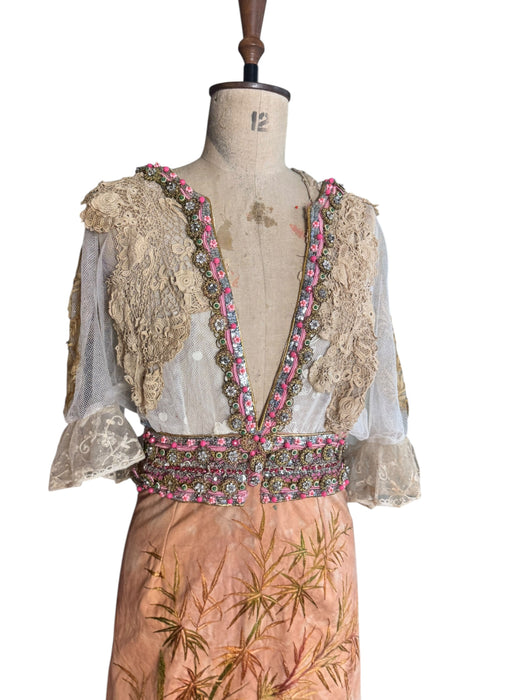 Aurora, reworked 18th C embroidered and lace dress