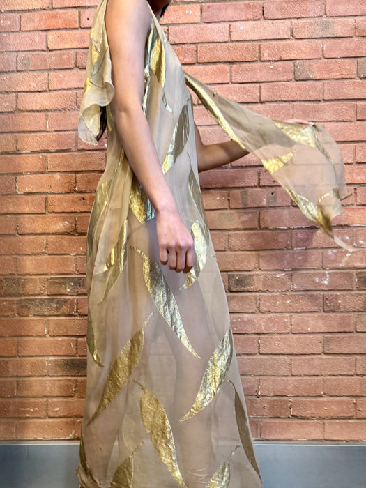 Molly, 20s silk chiffon dress with gold leaf print