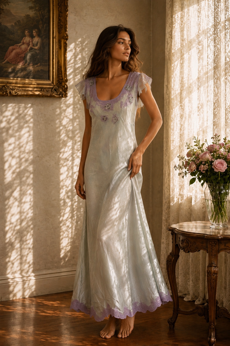 Odette, 1930s hand dyed antique blue silk and lace beaded dress