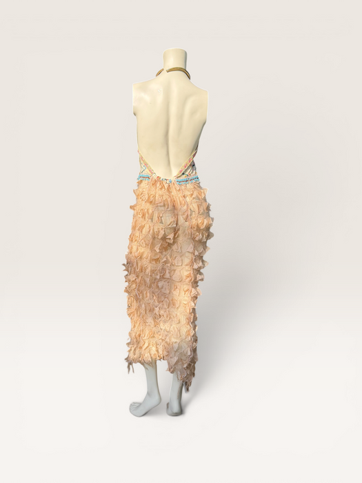 Kali, reworked embroidered piano shawl dress with brass choker and 20s sheered metallic skirt