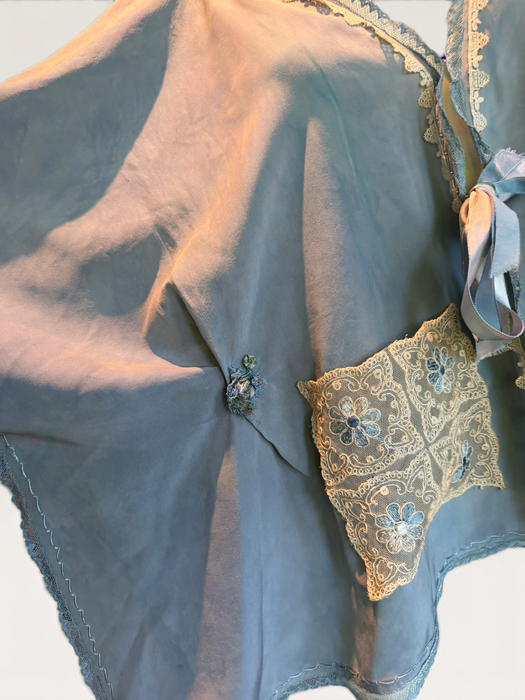 Adina, 30s, hand dyed pale blue silk and lace jacket