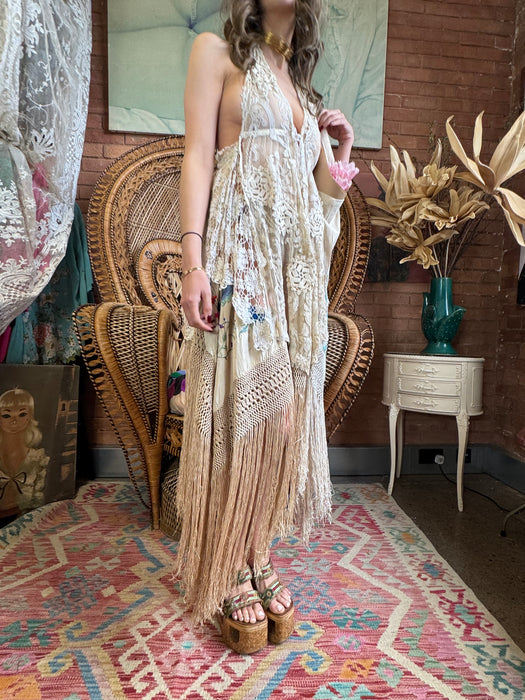 Paula, reworked 30s lace and silk fringed dress