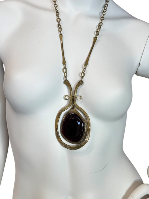 Felix, 70s modernist handmade brads chain and sculpted amber glass drop necklace