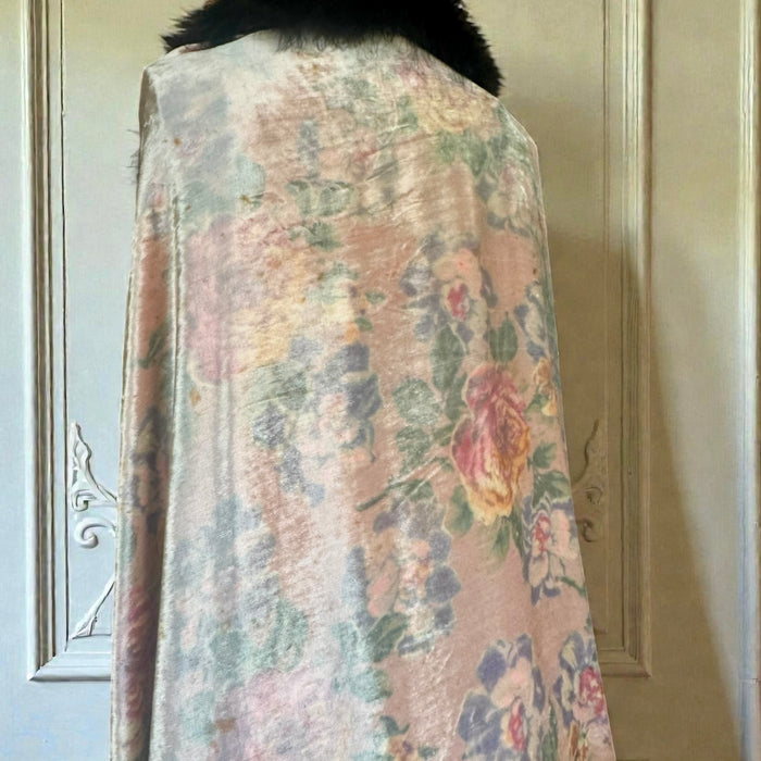 Wilma, 20s floral fringed velour cape with black feather collar and tie
