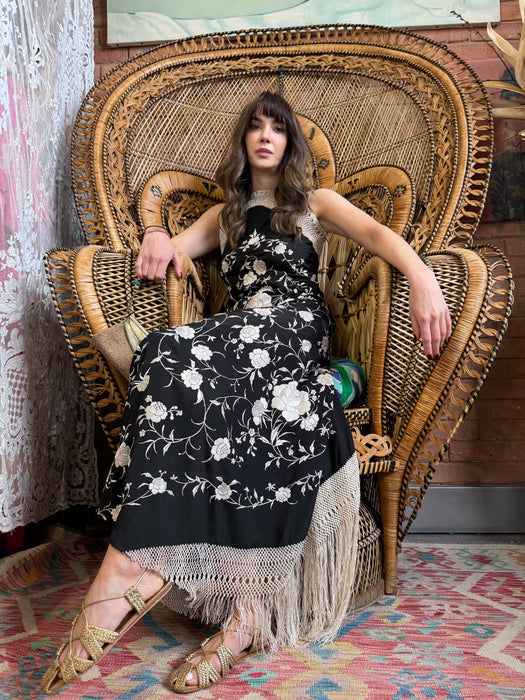 Tara, 40s silk embroidered floral shawl dress