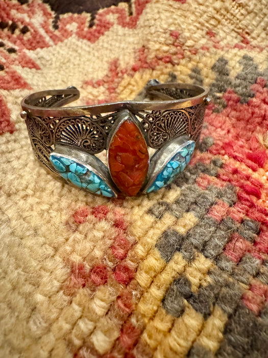 Mona, antique sterling silver turquoise and coral cuff